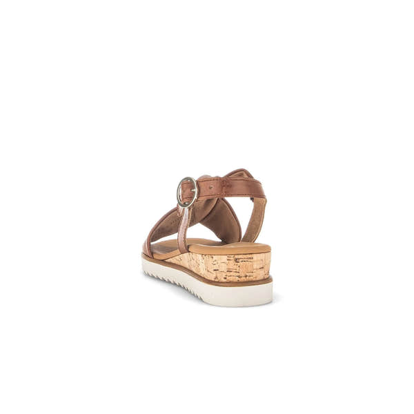 Gabor 82.751.53 Rich Ladies Camel Leather Buckle Sandals with cork wedge heel and white sole.