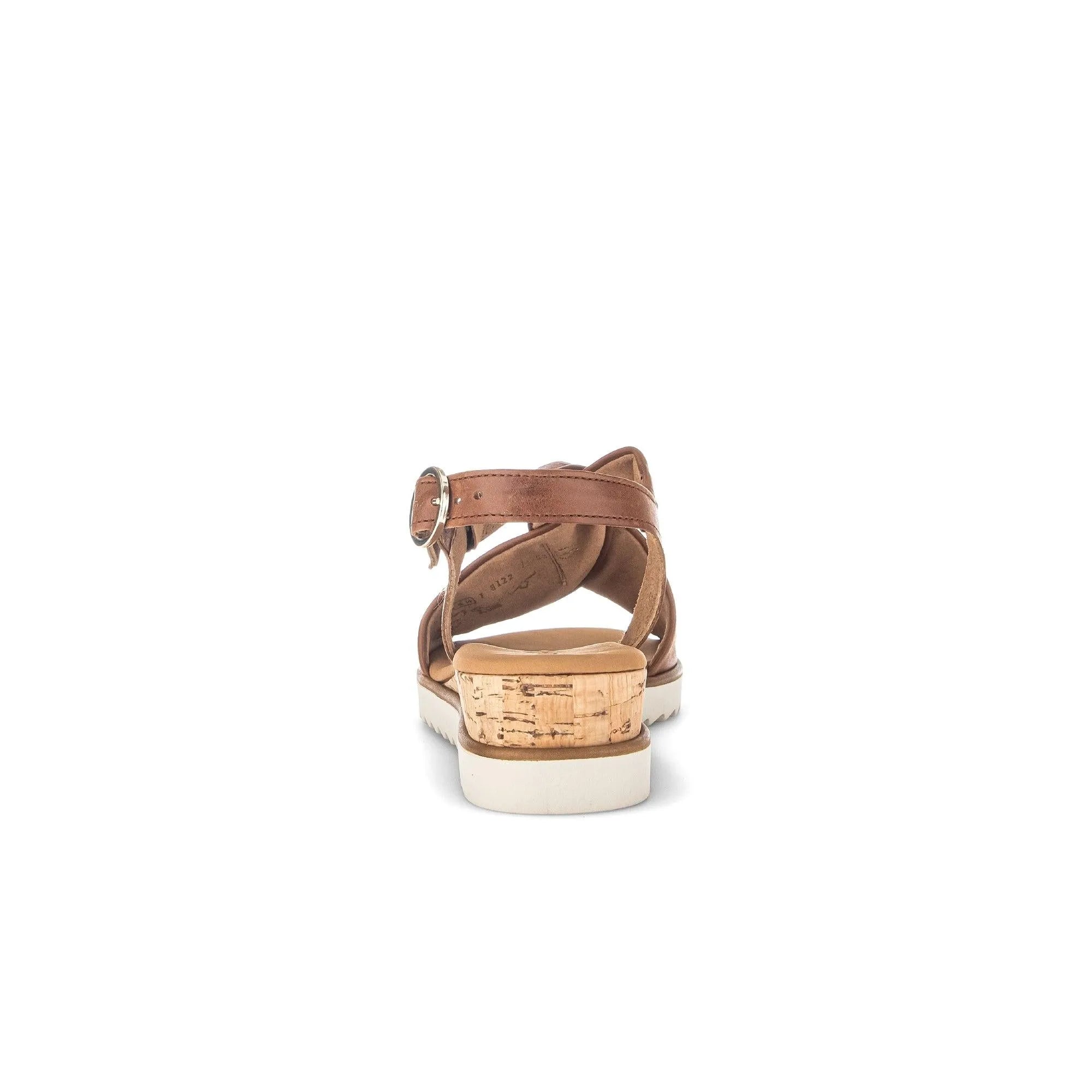 Gabor 82.751.53 ladies' camel leather buckle sandals with cork-style heel and white outsole.