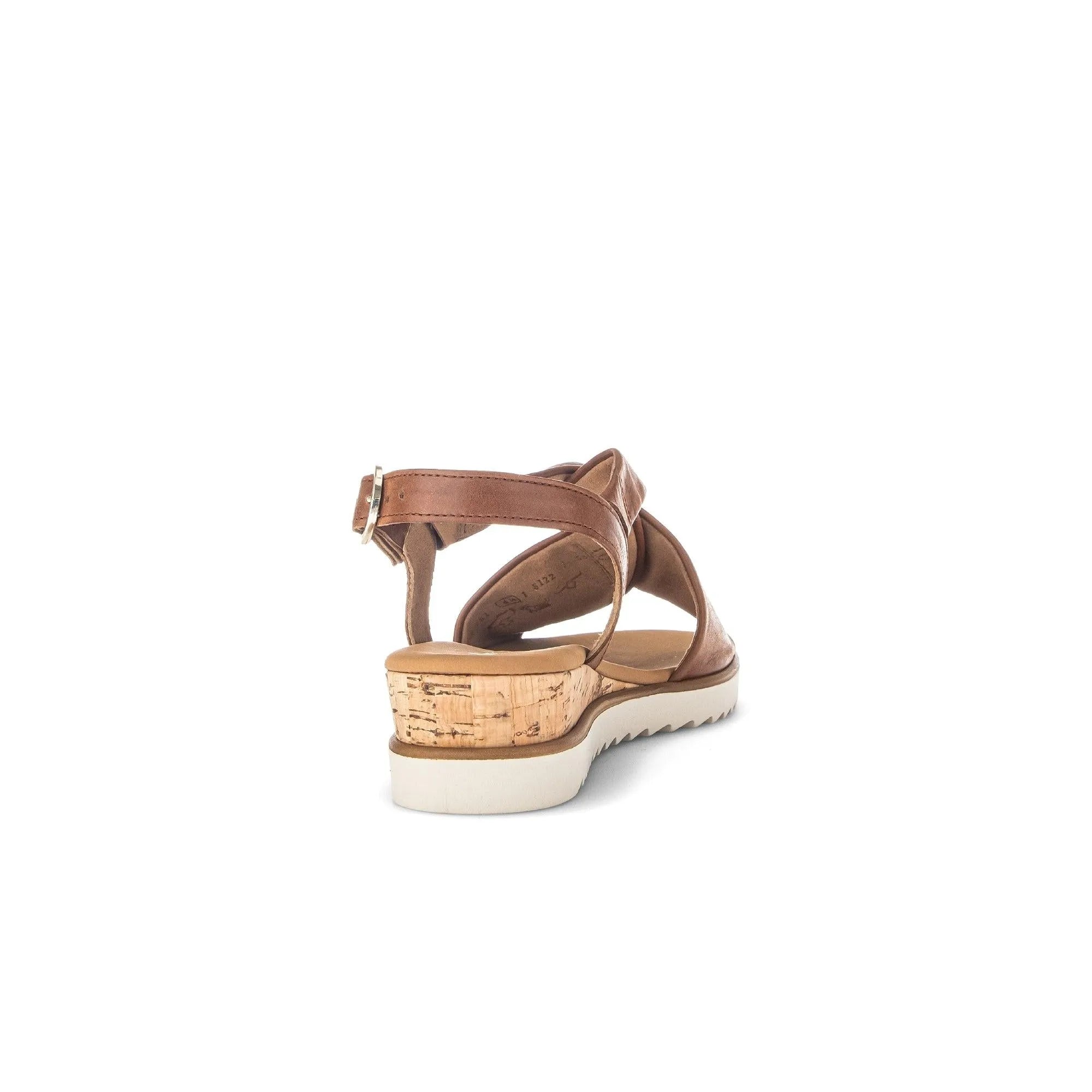 Gabor Rich Ladies Camel Leather Buckle Wedge Sandals with cork heel and white sole, stylish and comfortable footwear.