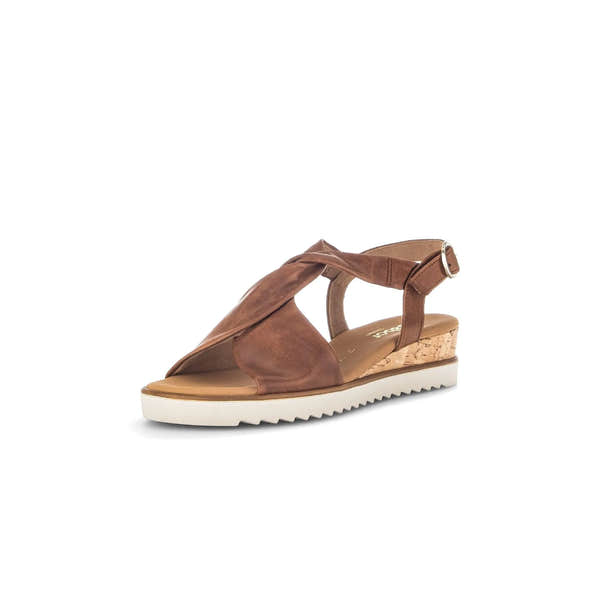 Gabor women's Camel leather buckle sandals with wedge heel and white rubber sole.