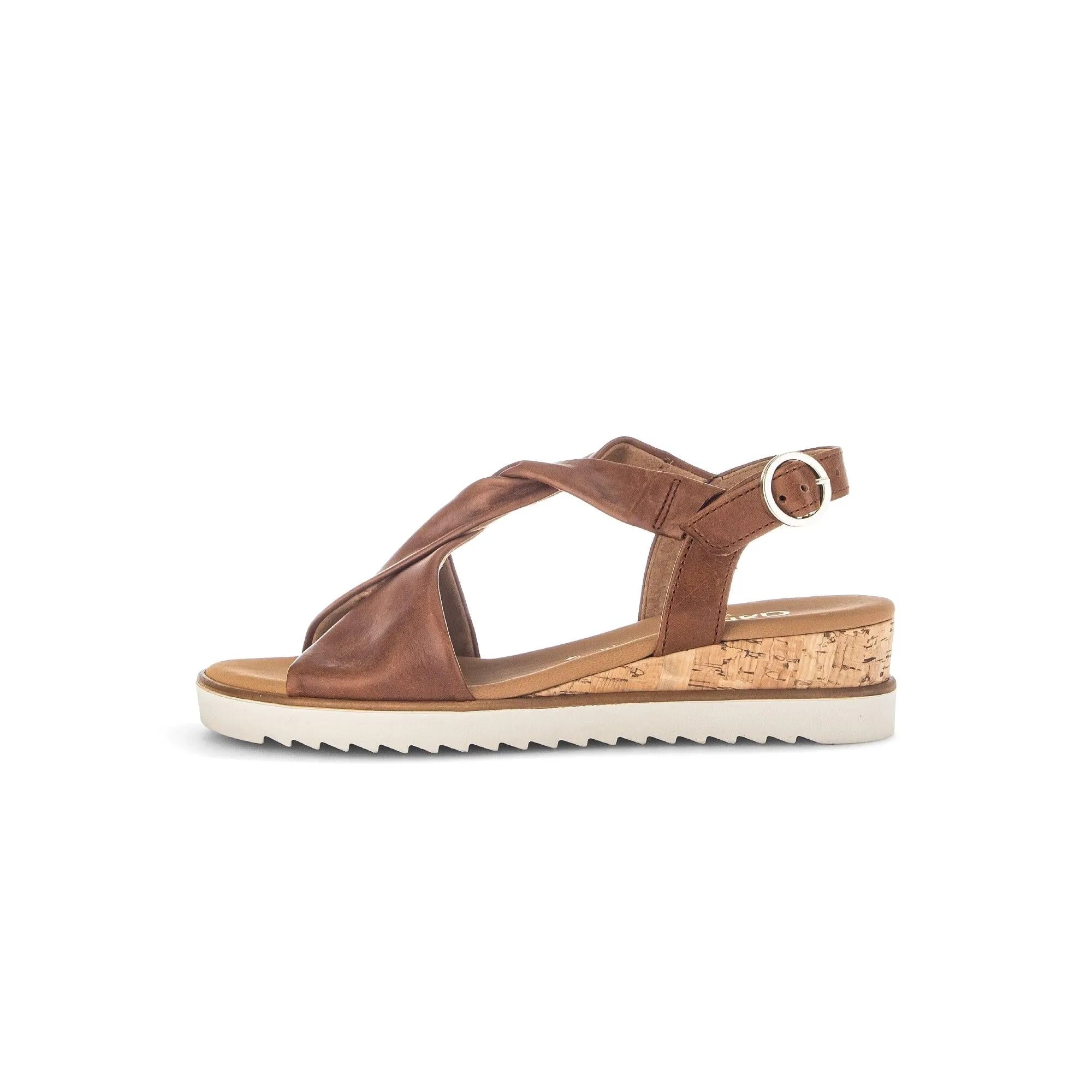 Gabor 82.751.53 rich ladies camel leather buckle sandals with cork wedge and white rubber sole.
