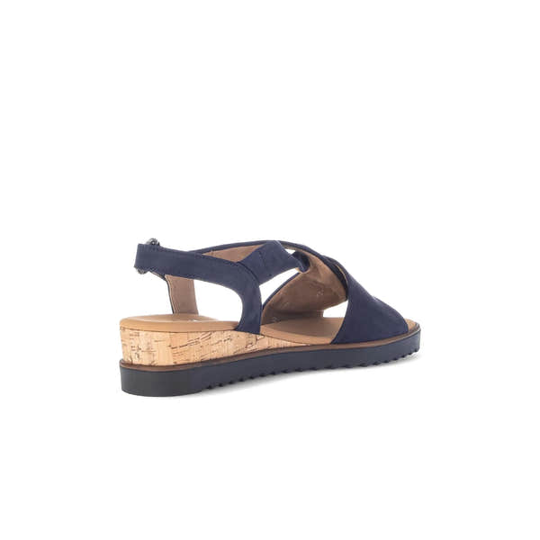 Gabor 82.751.86 rich blue leather buckle sandals with cork wedge heel and ankle strap.