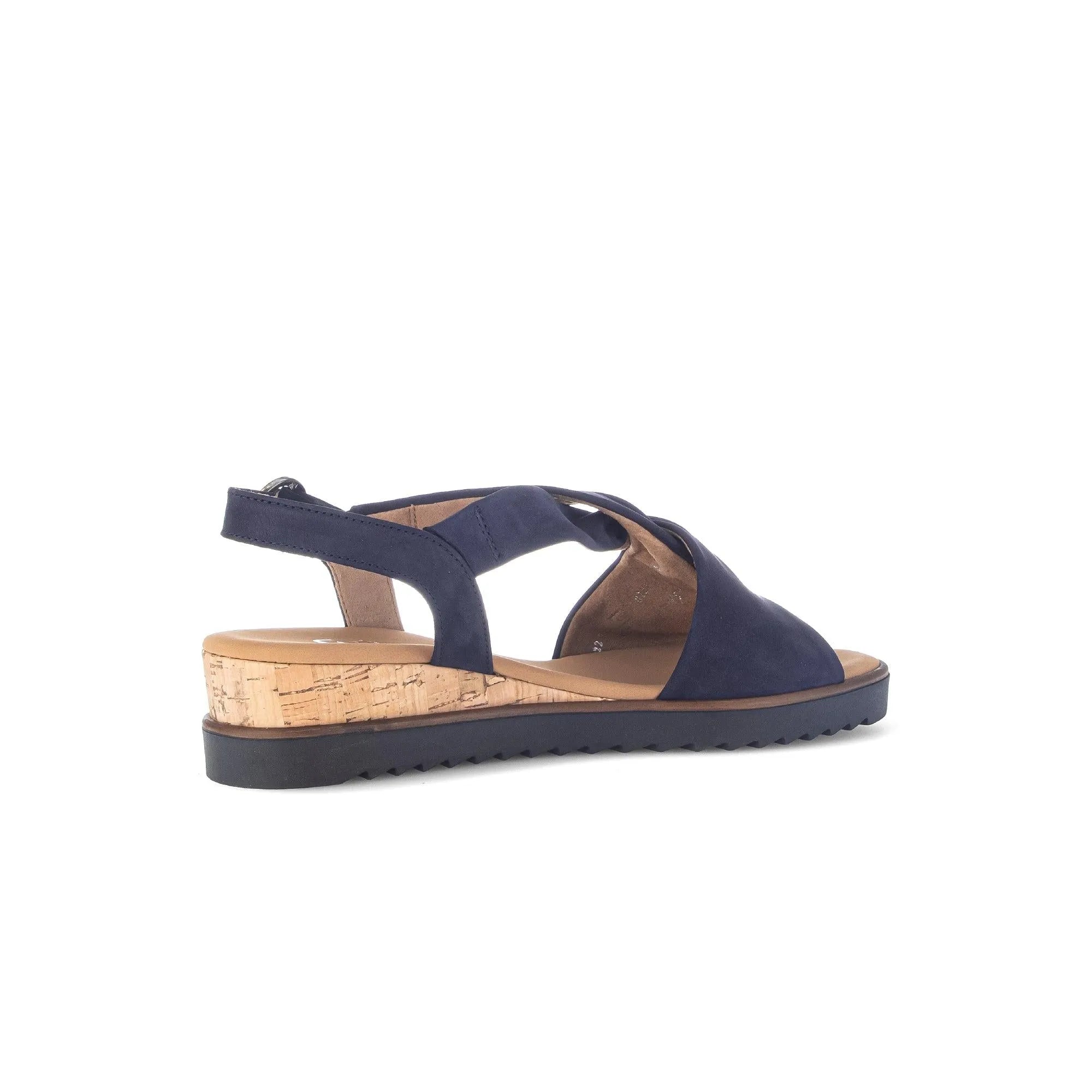 Gabor 82.751.86 blue leather and cork wedge sandal with buckle strap, open toe, and back ankle strap.