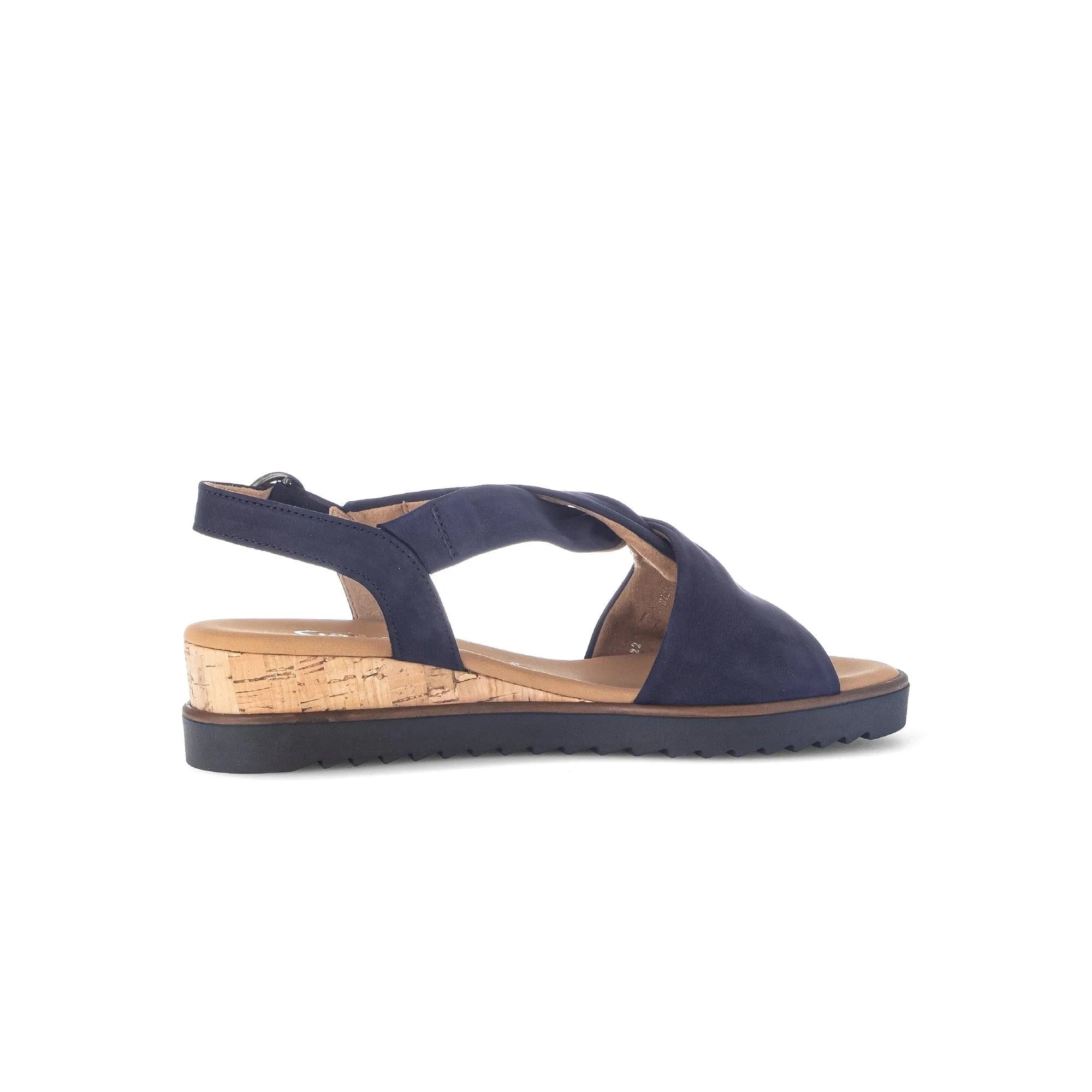 Gabor 82.751.86 women’s blue leather buckle sandal with cork wedge heel and adjustable strap.