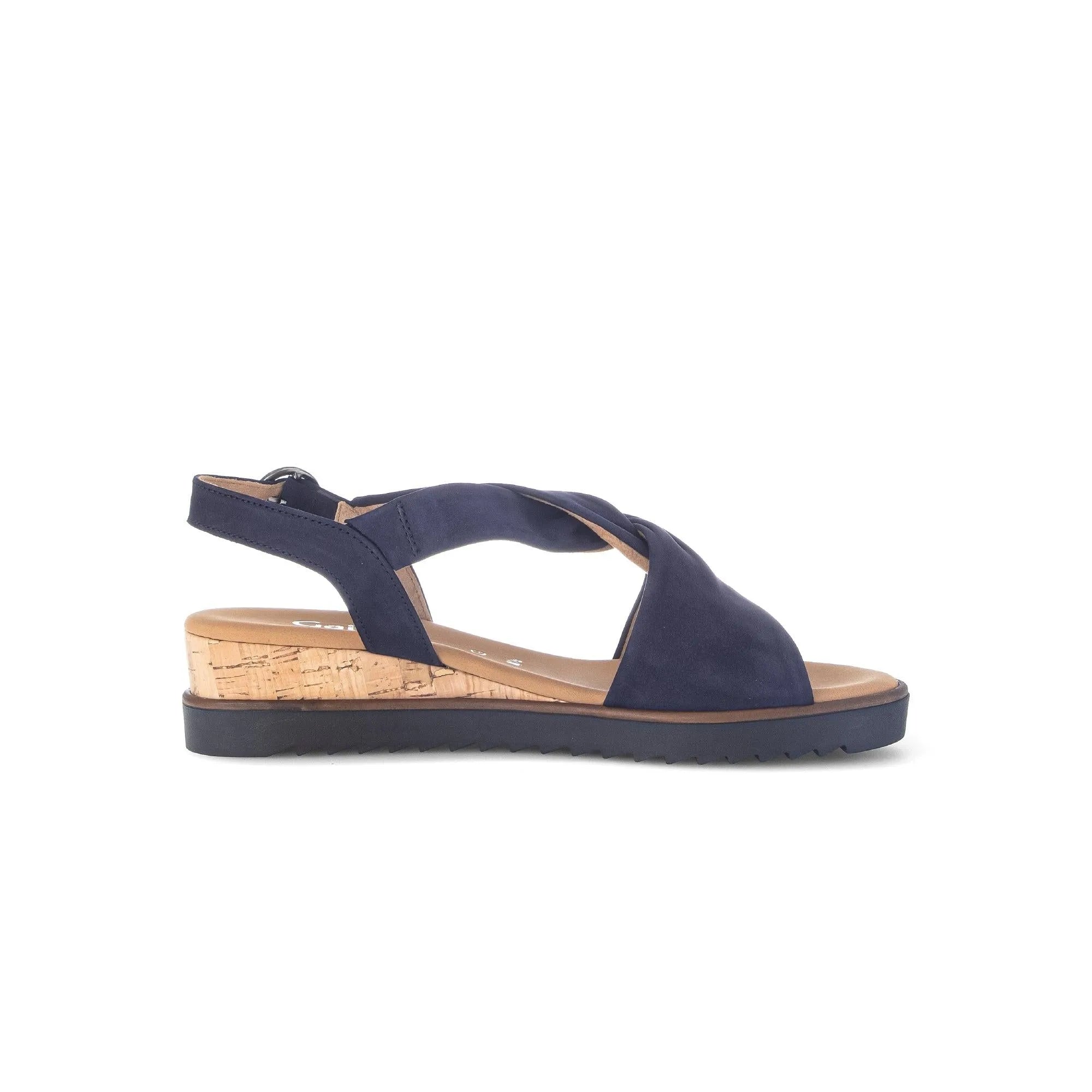 Gabor 82.751.86 Navy Blue Leather Buckle Sandals with cork wedge heel and ankle strap.