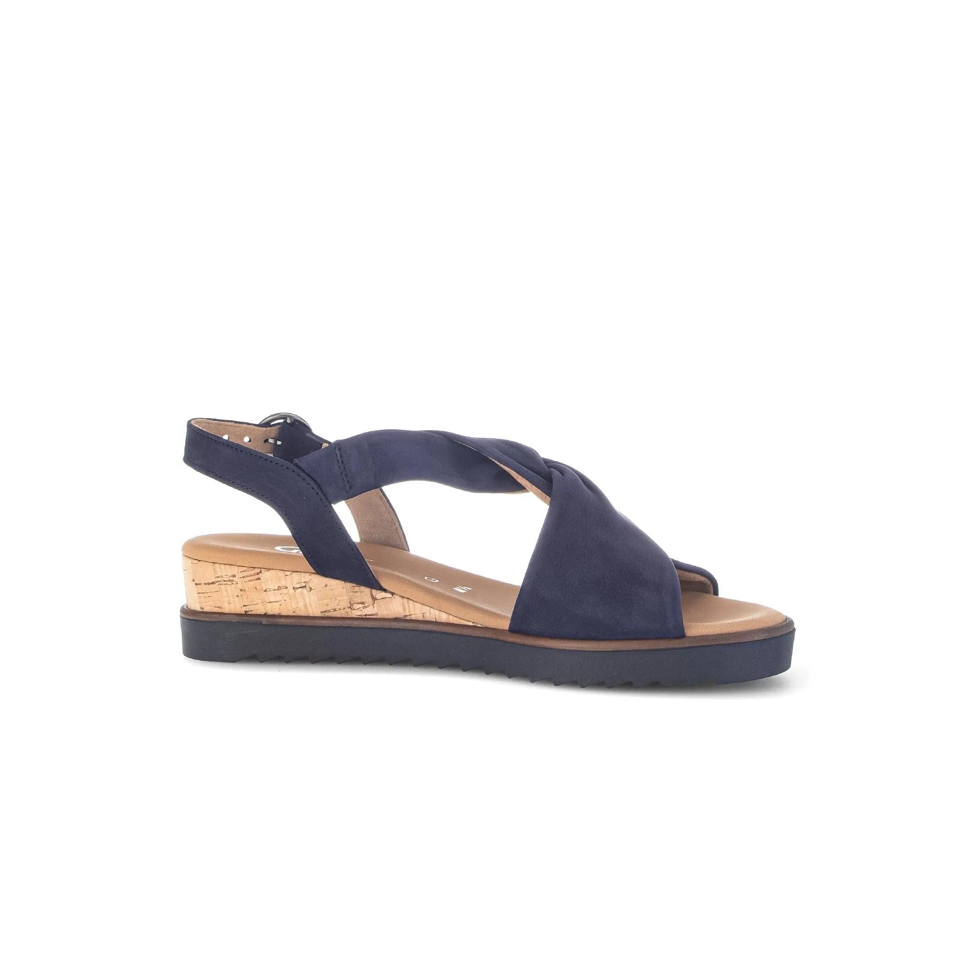 Gabor 82.751.86 blue leather buckle sandals with cork wedge sole and ankle strap.