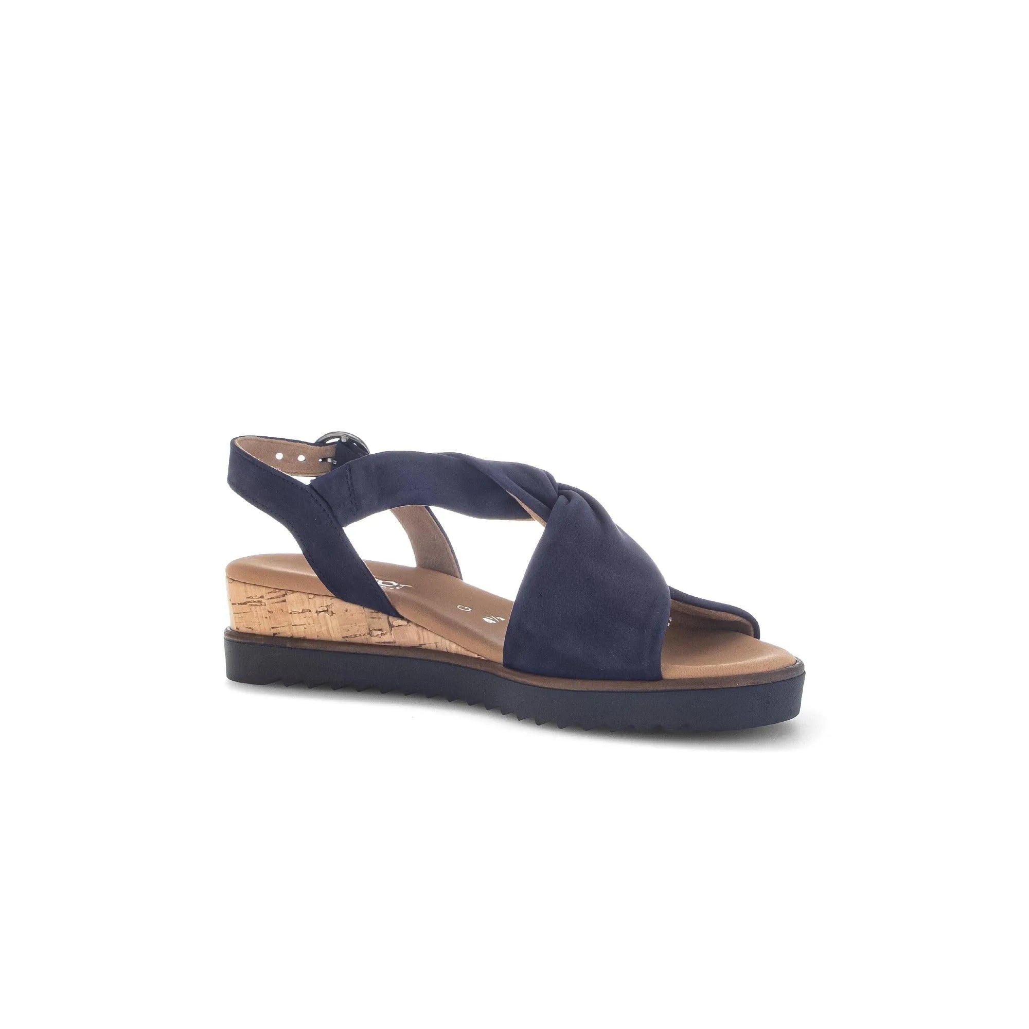 Gabor 82.751.86 women's blue leather buckle sandals with cork wedge heel and adjustable ankle strap.