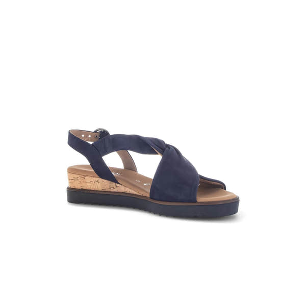 Gabor 82.751.86 women's blue leather buckle sandals with cork wedge heel and adjustable ankle strap.