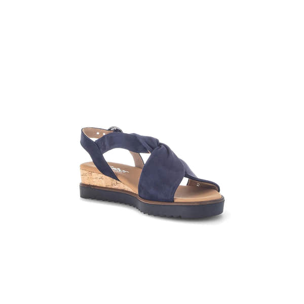 Gabor 82.751.86 women's blue leather buckle gladiator sandal with cork wedge and platform sole.