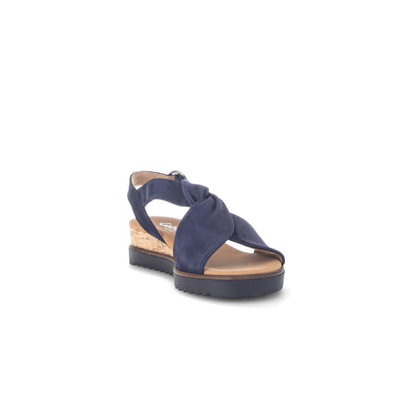 Gabor 82.751.86 blue leather buckled wedge sandals with knot detail and cork heel.