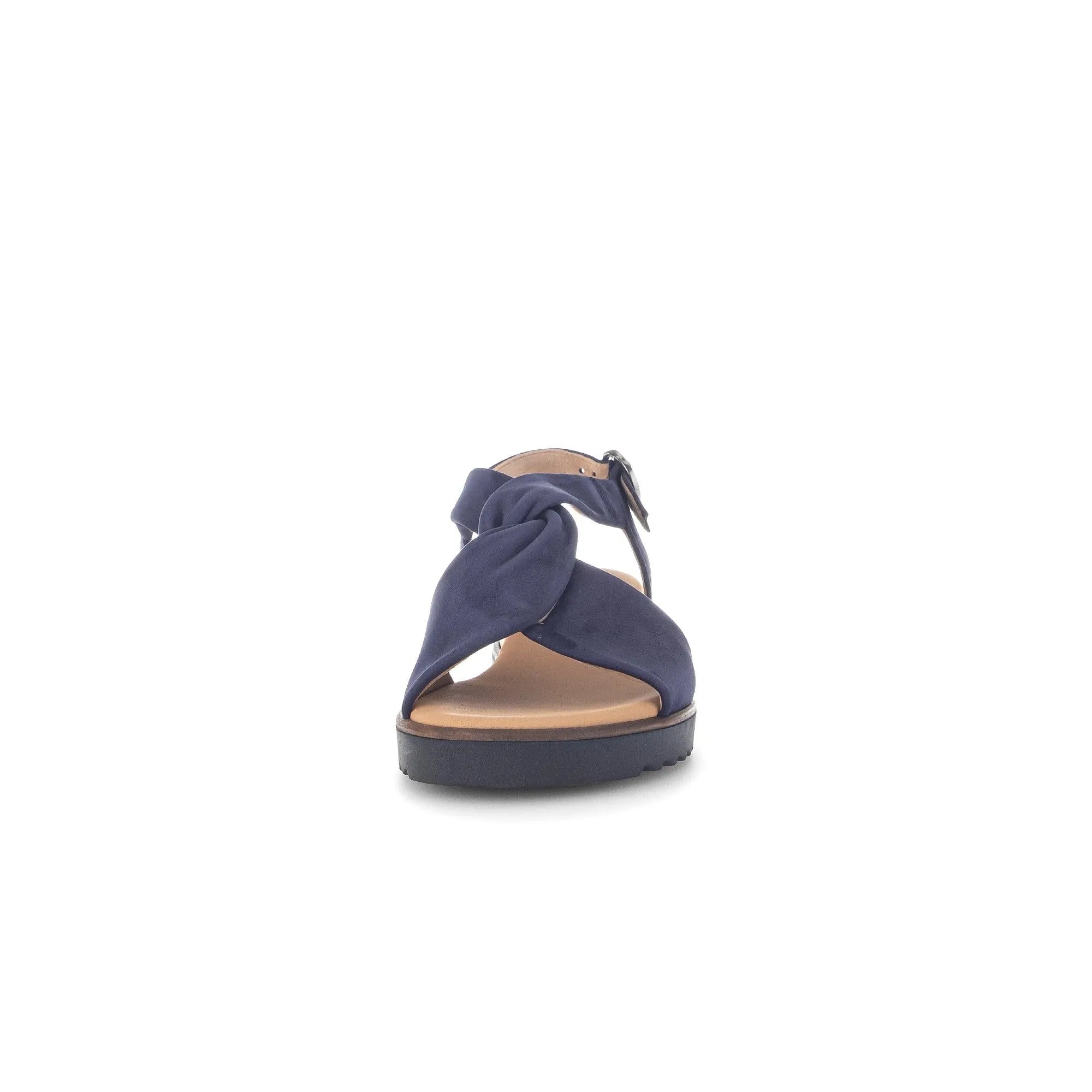 Gabor 82.751.86 blue leather buckle sandals with twisted knotted design and flat sole.