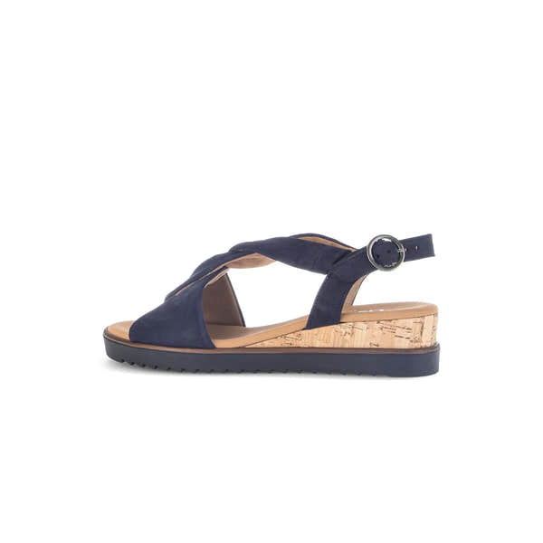 Gabor 82.751.86 blue leather buckle wedge sandals with cork sole and adjustable ankle strap.