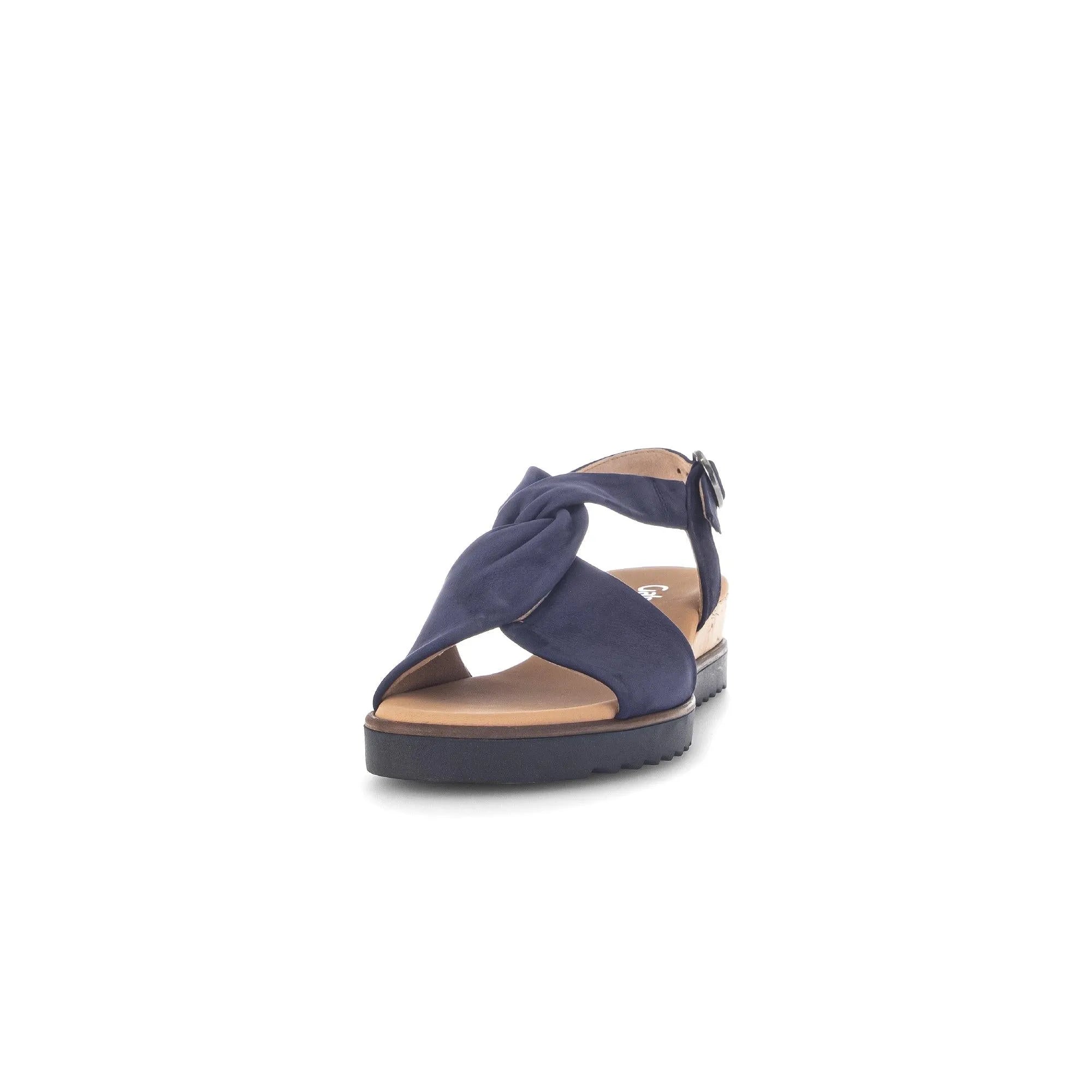 Gabor Rich Ladies Blue Leather Buckle Sandals with twisted strap design and chunky sole.