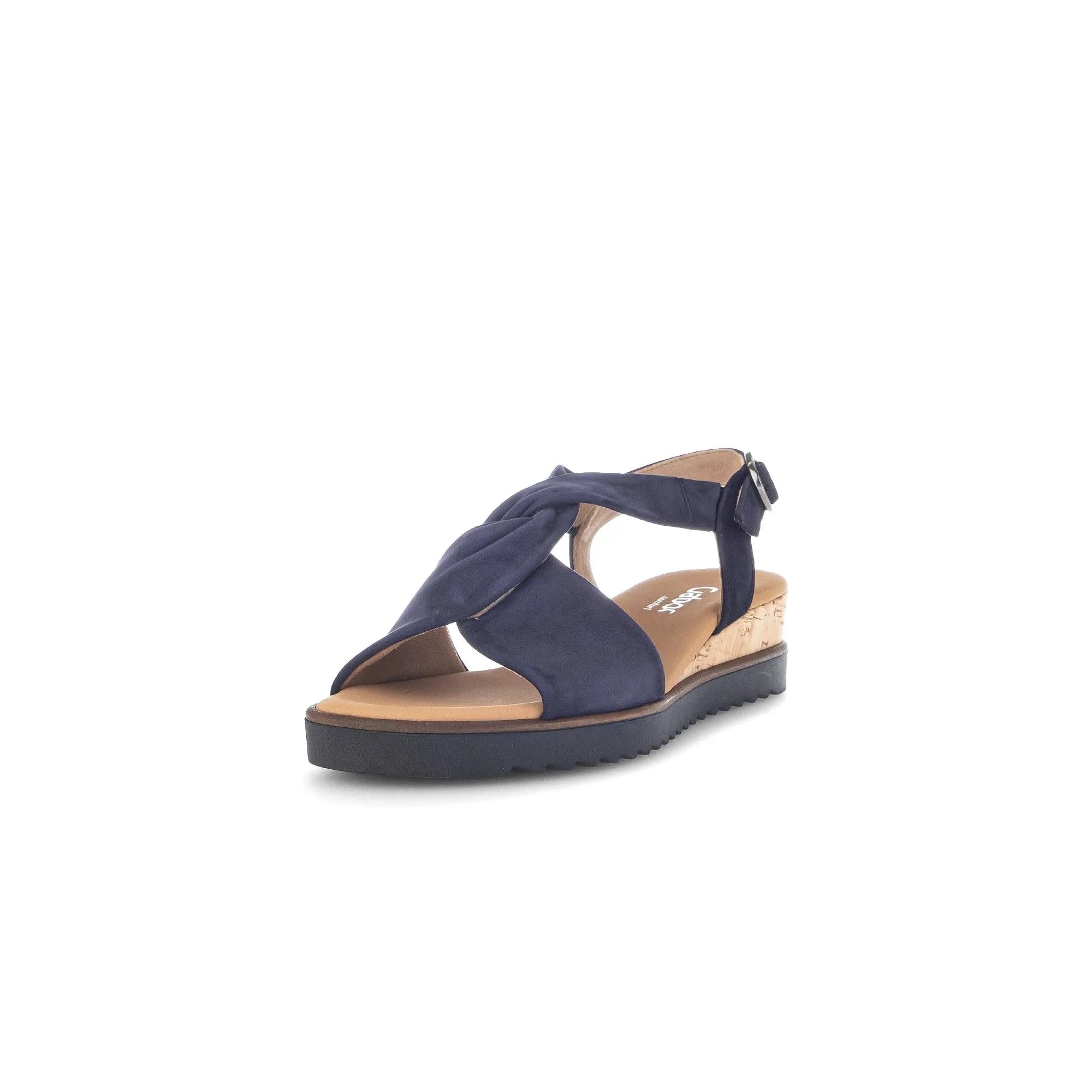 Gabor 82.751.86 blue leather wedge sandals with buckle detail and cork platform sole.