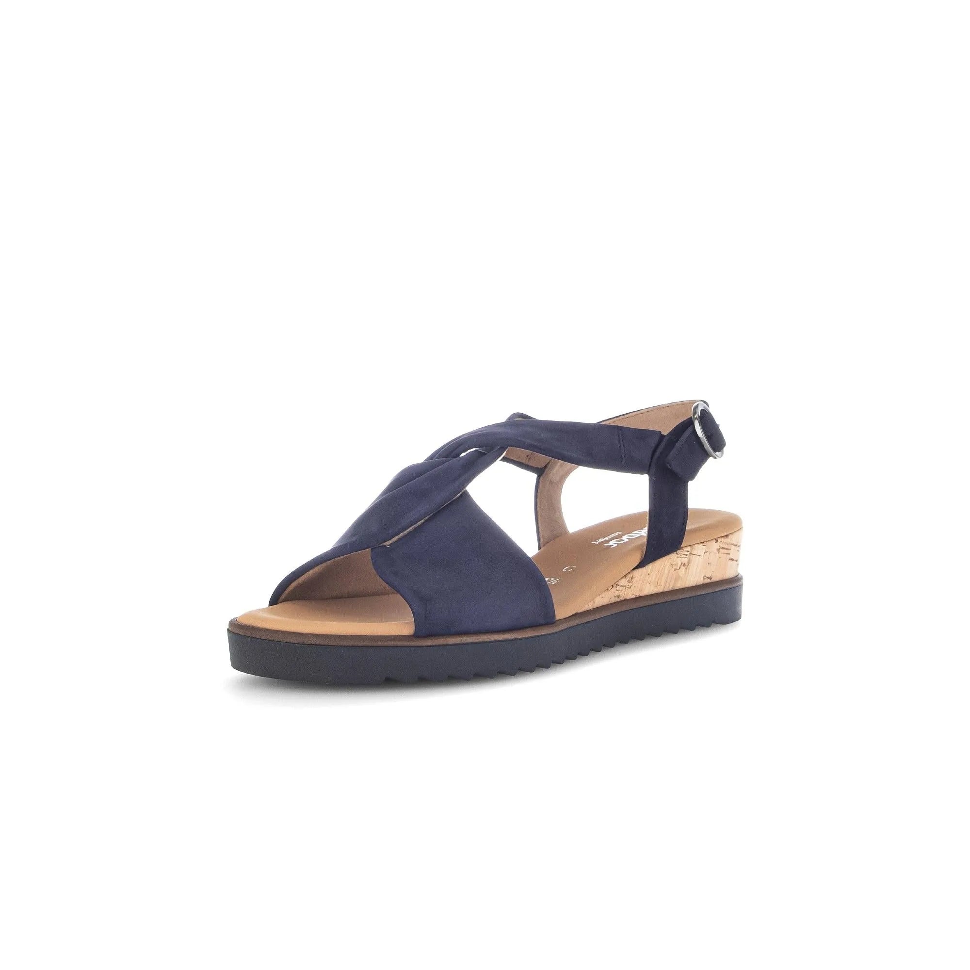 Gabor 82.751.86 Rich Ladies Blue Leather Buckle Sandals with cork wedge, ankle strap, and adjustable buckle.