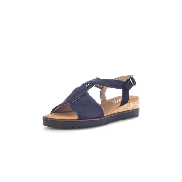 Gabor 82.751.86 Rich Ladies Blue Leather Buckle Sandals with cork wedge, ankle strap, and adjustable buckle.
