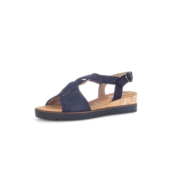 Gabor 82.751.86 women's blue leather buckle wedge sandals with cork heel and adjustable ankle strap.