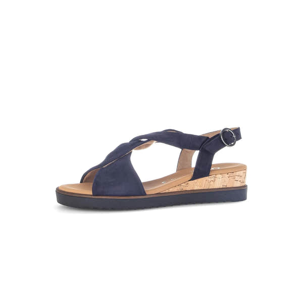 Gabor 82.751.86 blue leather buckle sandal with cork-wrapped wedge heel and adjustable ankle strap.