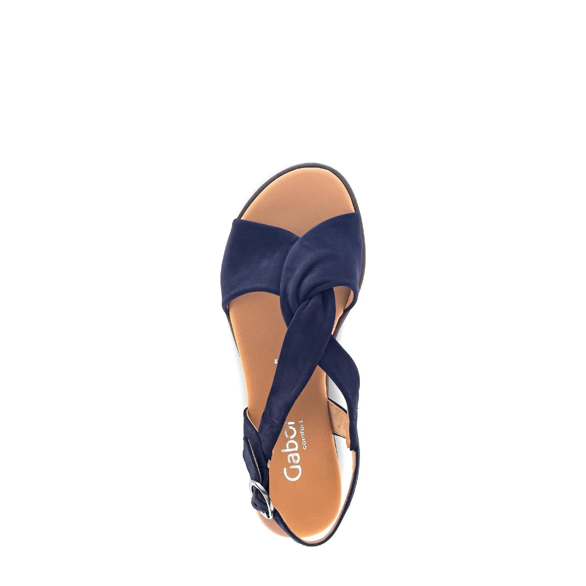 Gabor women's blue leather buckle sandals with knotted strap and cushioned insole.