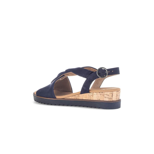 Gabor 82.751.86 blue leather buckle wedge sandals with cork heel and adjustable ankle strap.