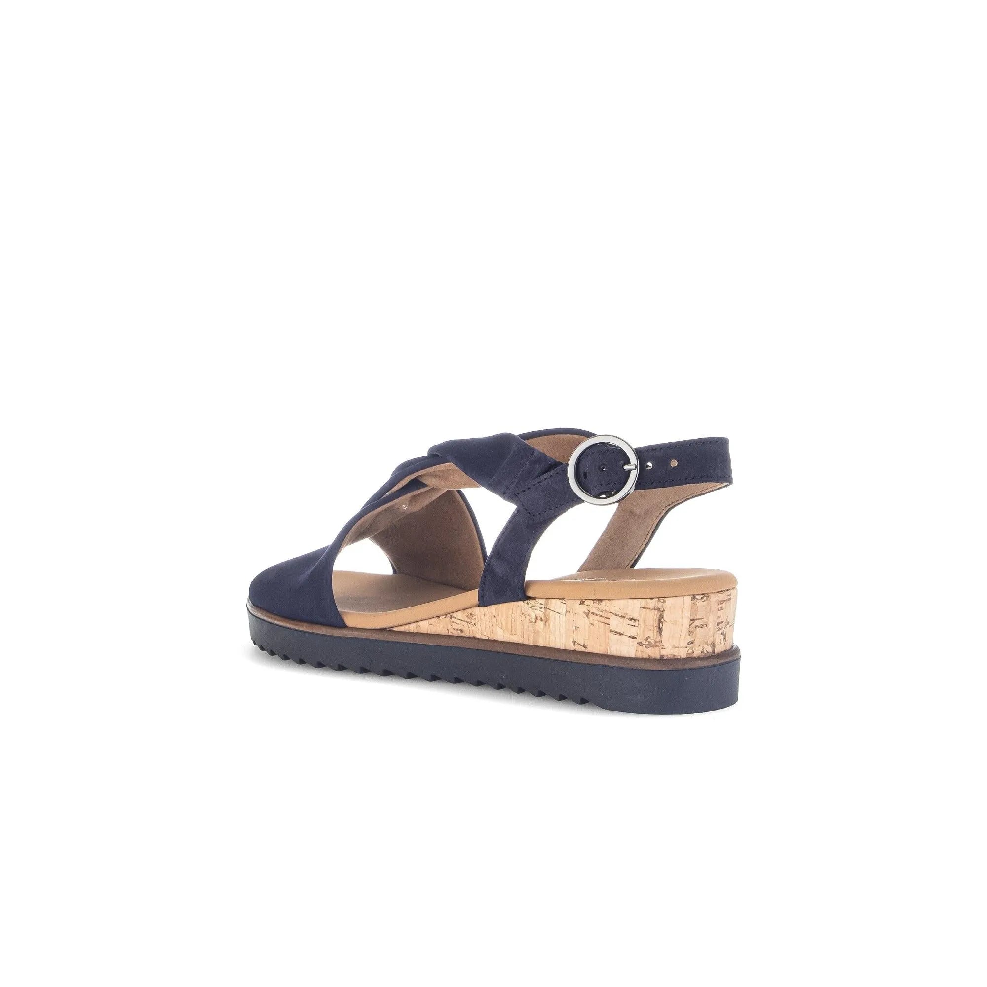 Gabor 82.751.86 Rich Ladies Blue Leather Buckle Sandals with cork wedge heel and adjustable ankle strap.