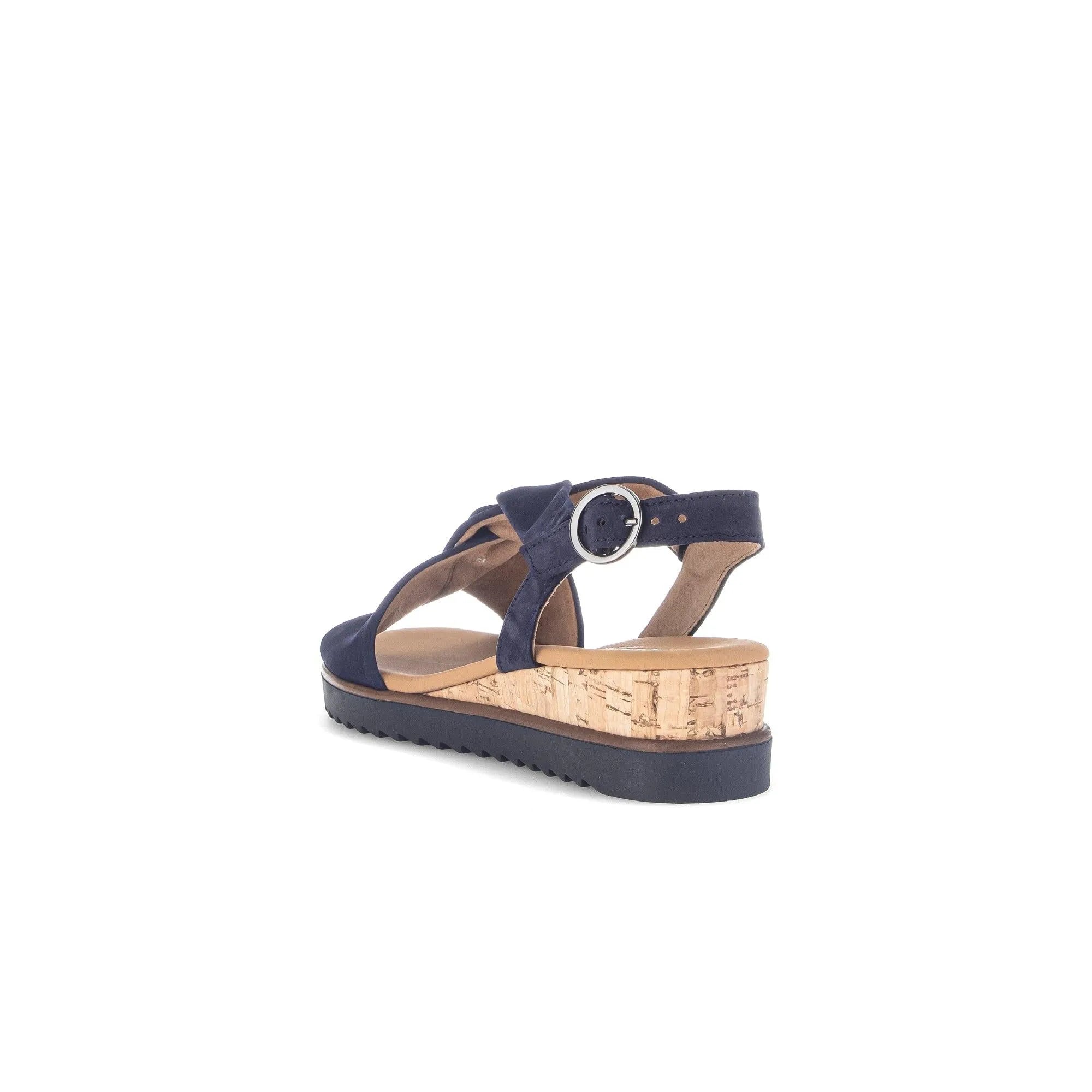 Gabor women's blue leather buckle cork-heeled sandals with platform sole.