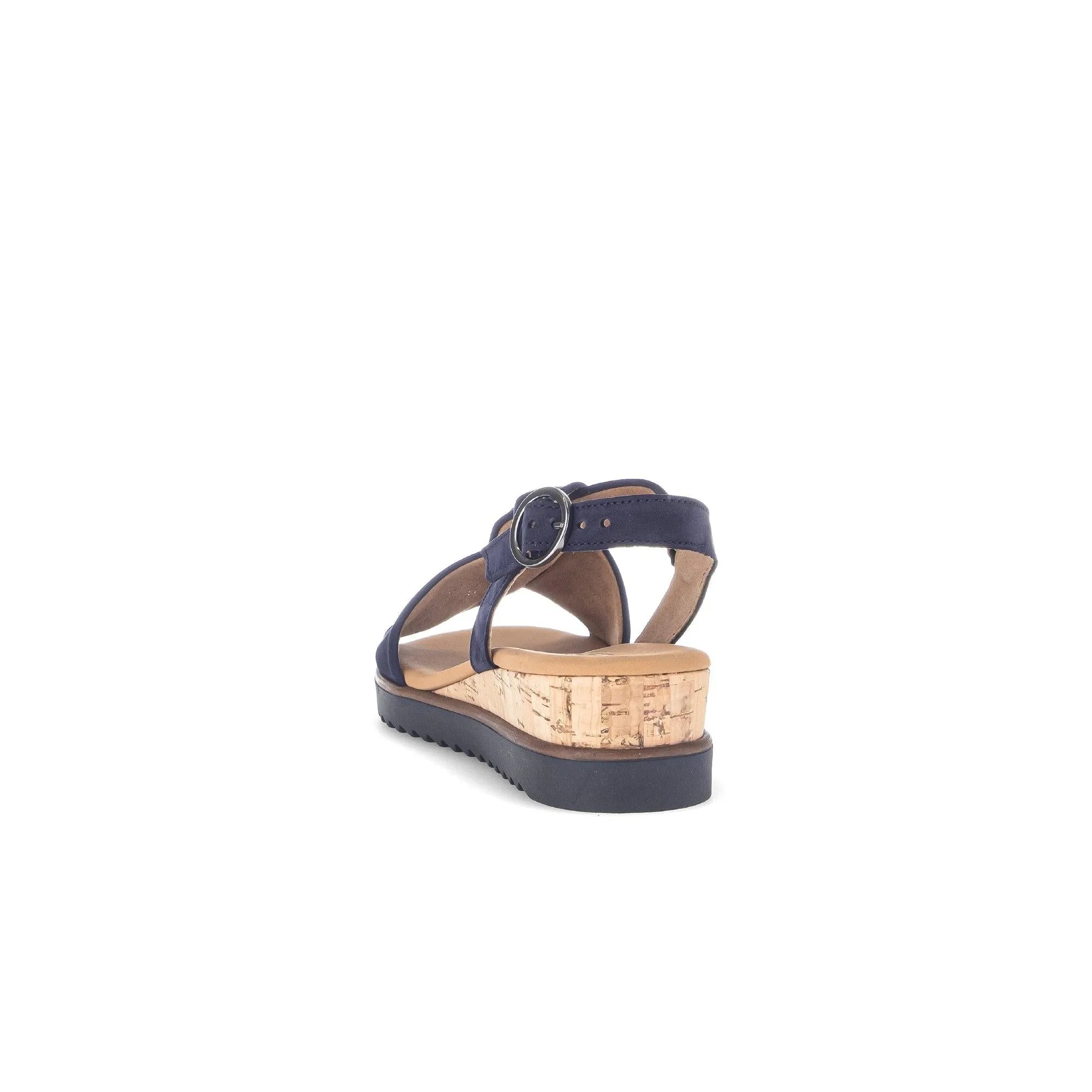 Gabor 82.751.86 blue leather buckle platform sandals with cork wedge heel and adjustable ankle strap.
