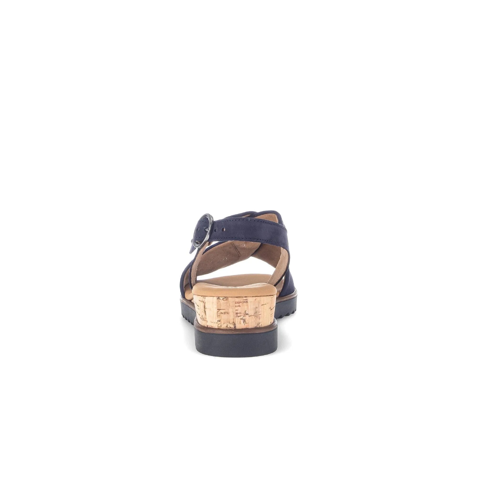 Gabor 82.751.86 women's blue leather buckle sandal with cork heel and ankle strap.