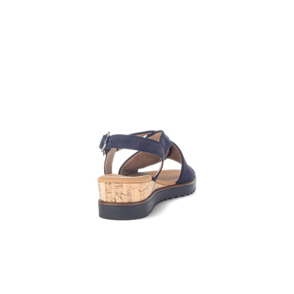 Gabor women's blue leather buckle sandals with cork wedge heel and Nike platform sole, stylish and comfortable summer footwear.