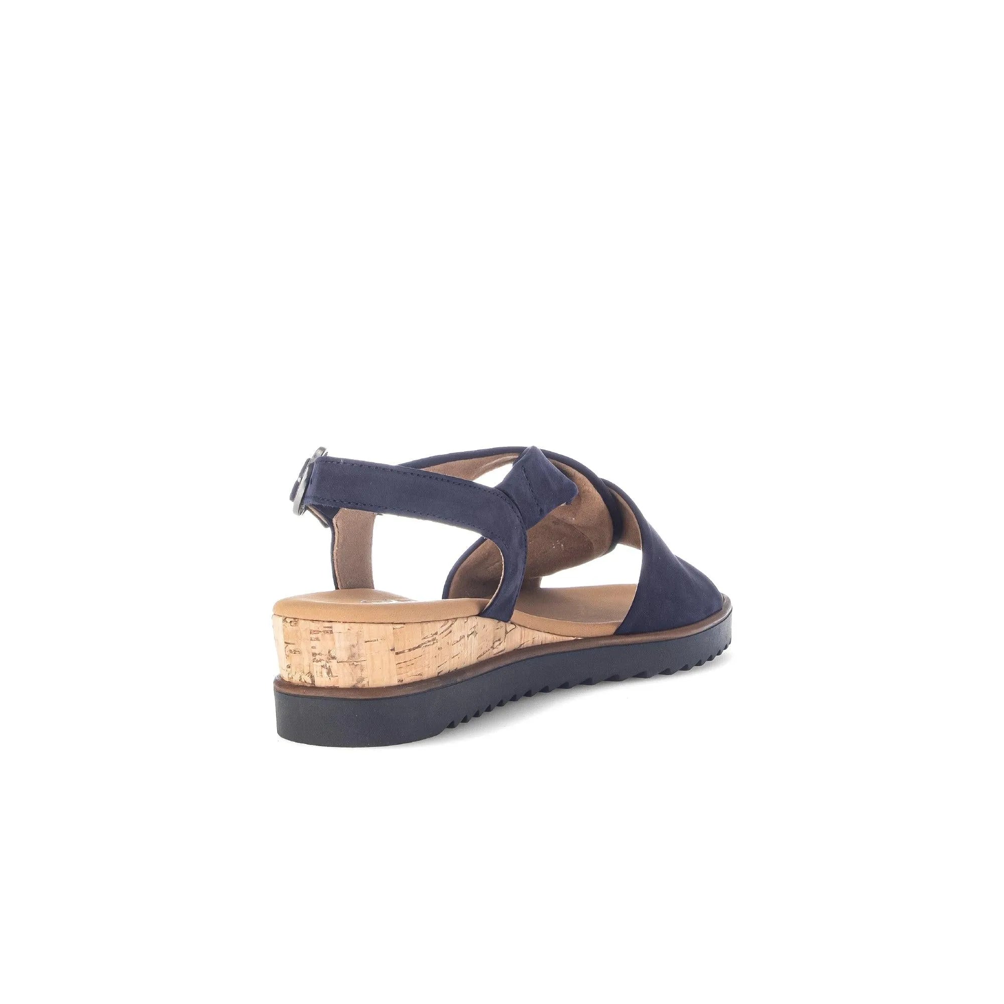 Gabor 82.751.86 blue leather buckle wedge sandals with cork heel and ankle strap.