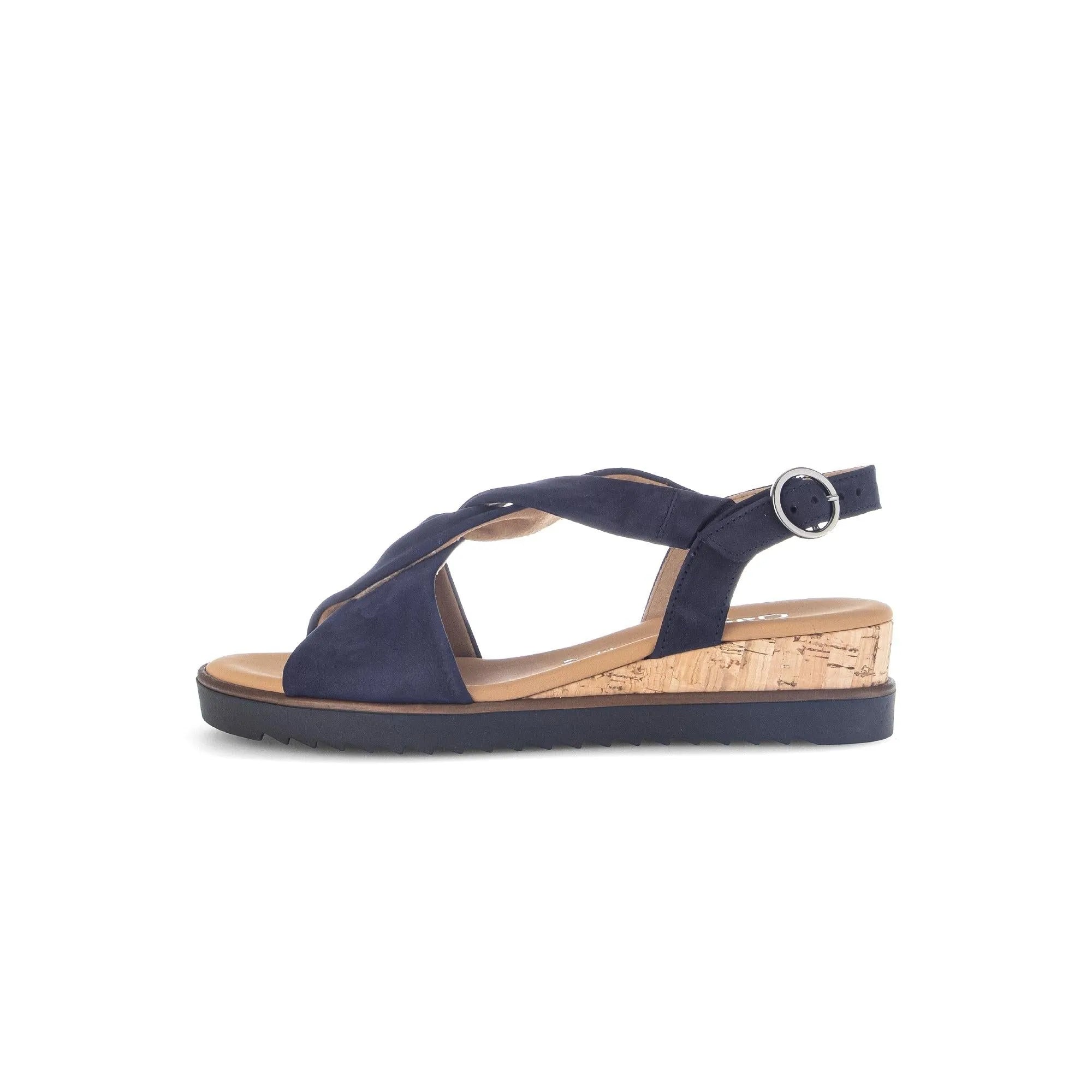 Gabor 82.751.86 women's blue leather buckle wedge sandals with cork heel and adjustable ankle strap.