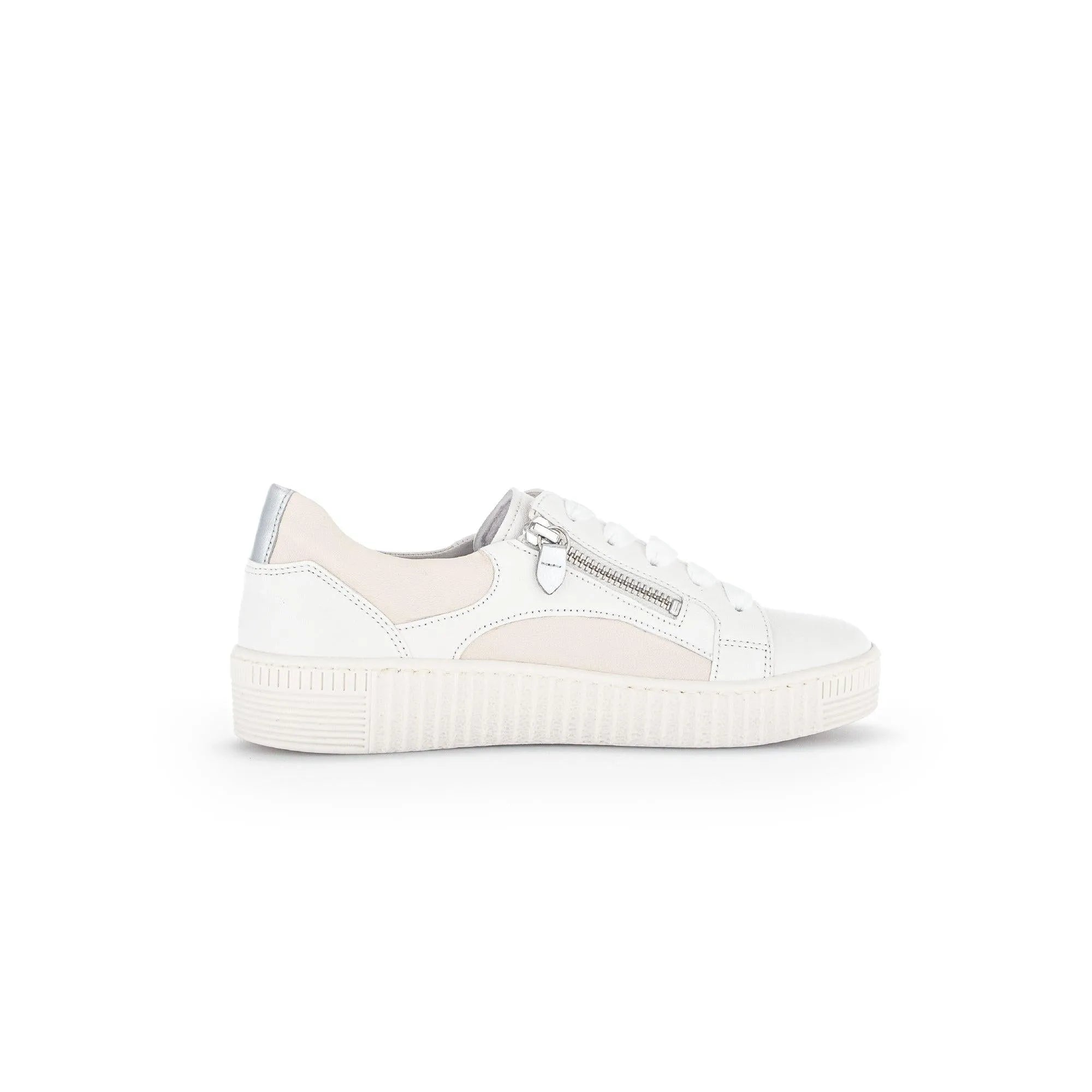 White and beige leather women's trainer with lace-up front, side zipper, and chunky rubber sole.