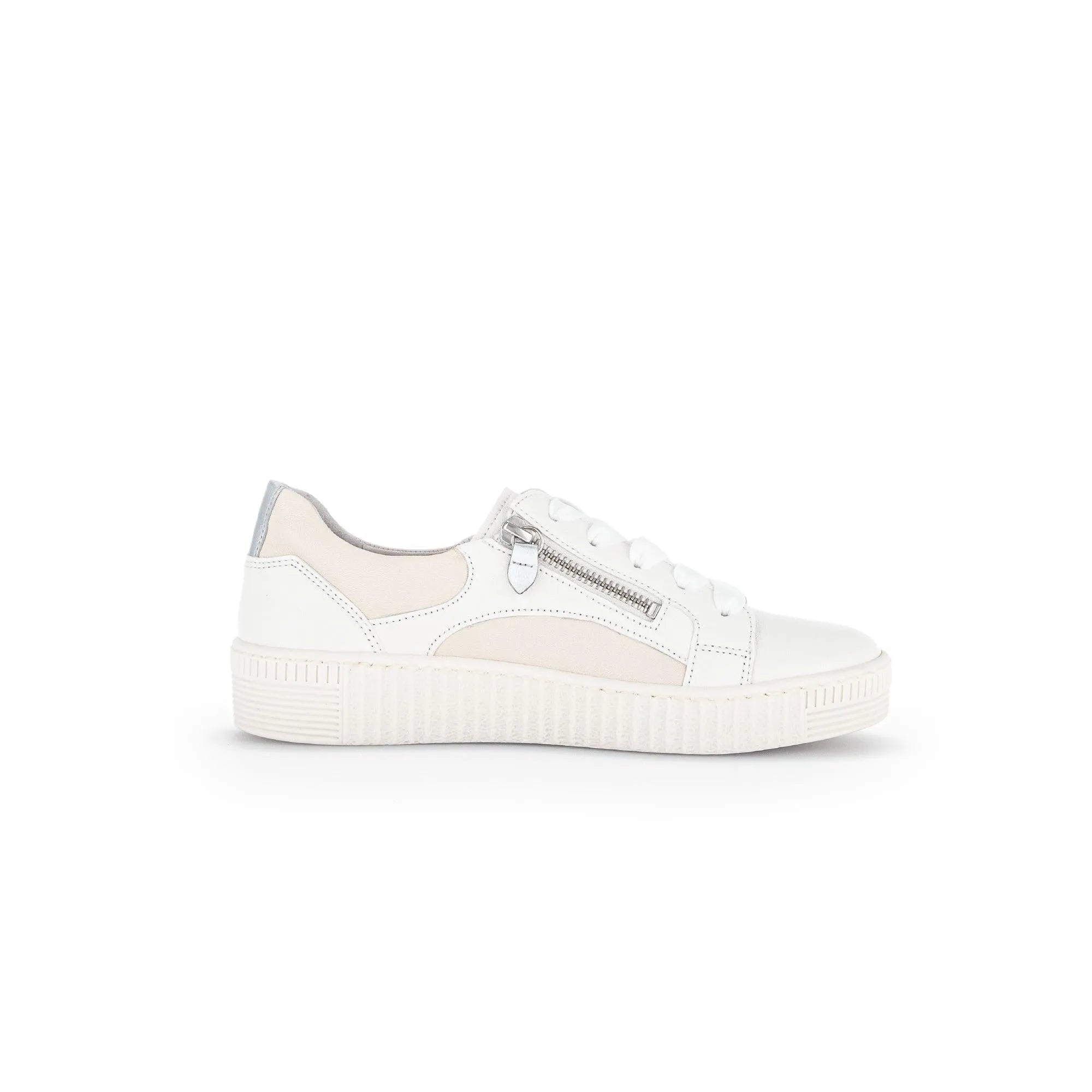 Gabor ladies' white leather trainer with beige accents, lace-up design, side zip, and chunky rubber sole.