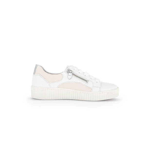Gabor ladies' white leather trainer with beige accents, lace-up design, side zip, and chunky rubber sole.