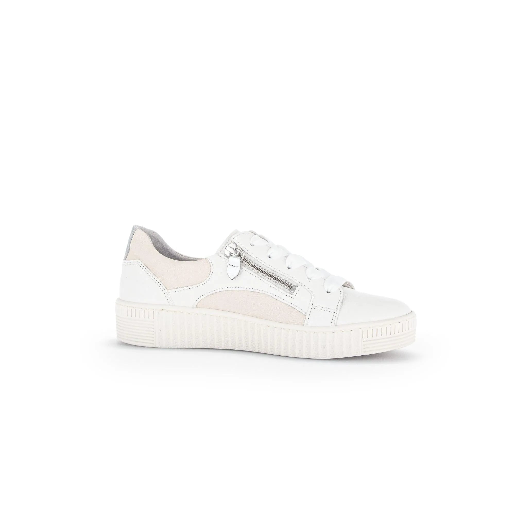 Gabor Wemo ladies white leather trainers with lace-up front, side zipper detail, and beige accents on heel and side panels.