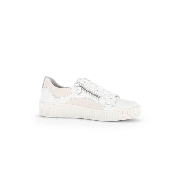 Gabor Wemo ladies white leather trainers with lace-up front, side zipper detail, and beige accents on heel and side panels.