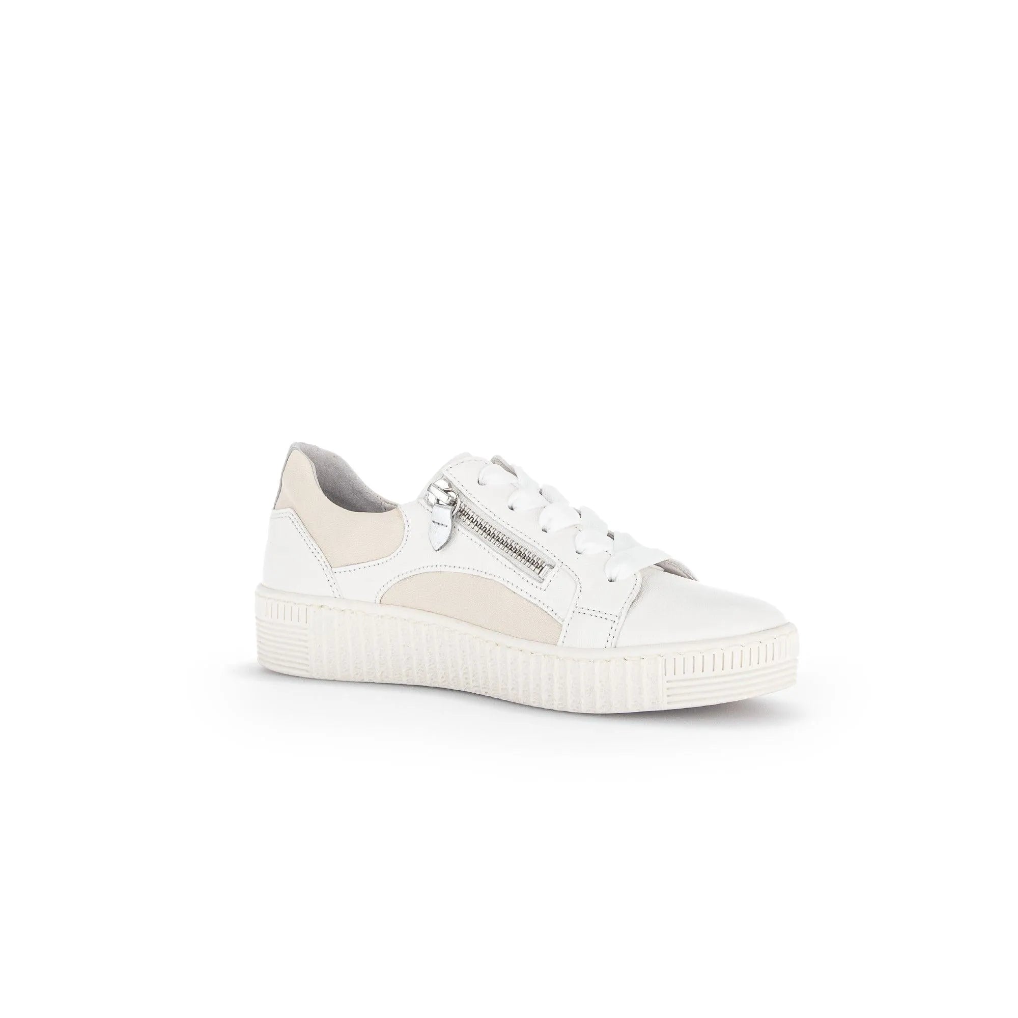 White and beige leather and fabric lace-up trainers with side zipper, chunky sole, and sporty style.