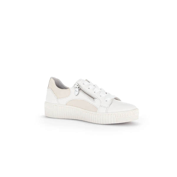 White and beige leather and fabric lace-up trainers with side zipper, chunky sole, and sporty style.