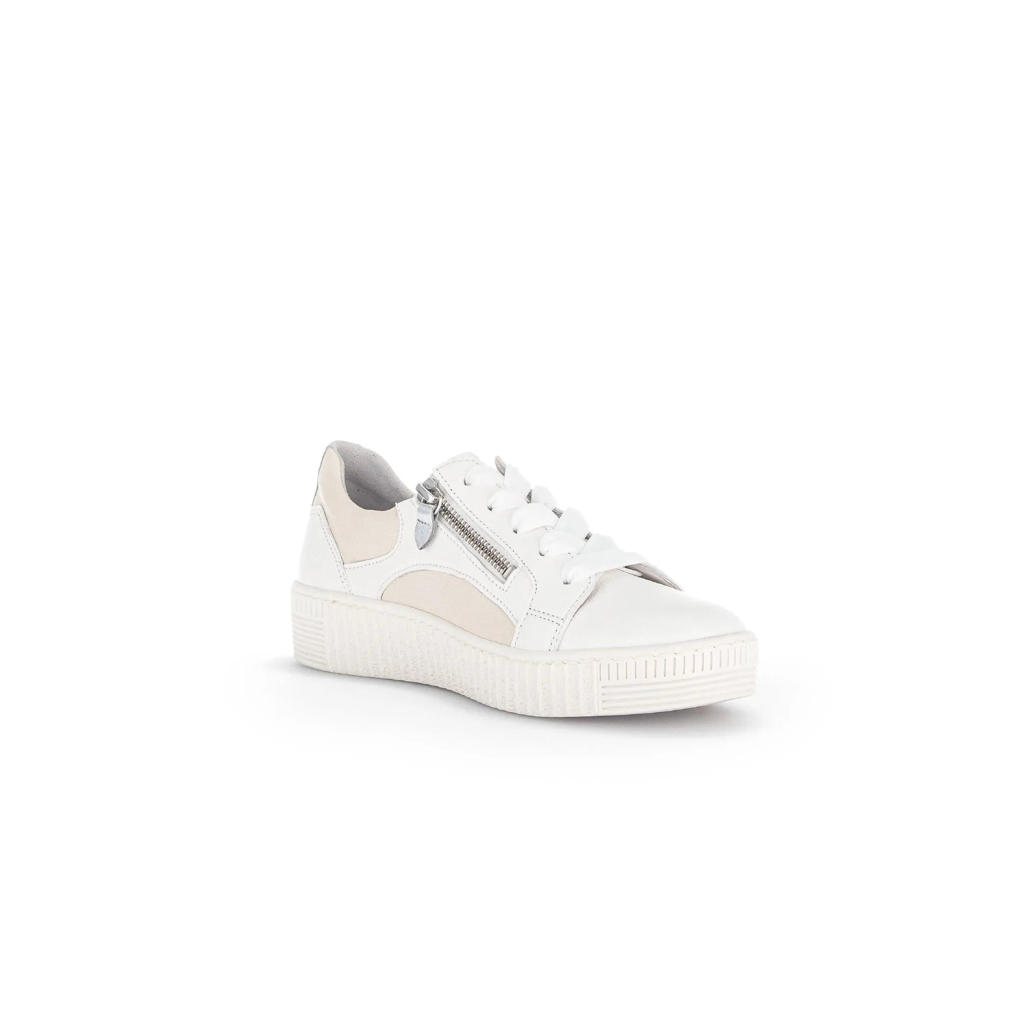 White and latte leather trainers with zip and lace closure, featuring a textured sole and sporty design.