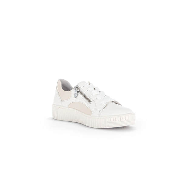 White and latte leather trainers with zip and lace closure, featuring a textured sole and sporty design.