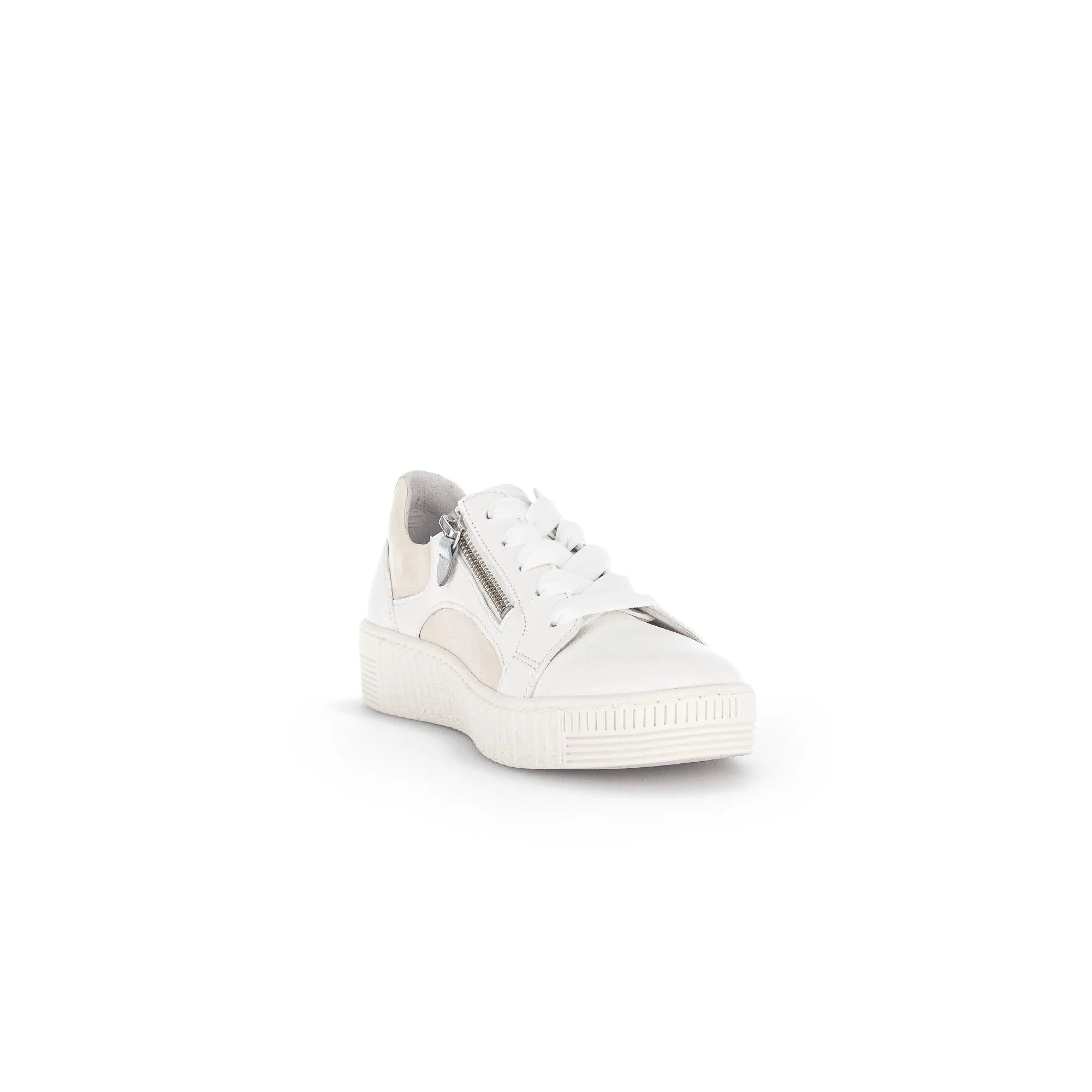 White leather chunky trainer with lace-up front, side zipper detail, beige accents, and a thick textured sole.