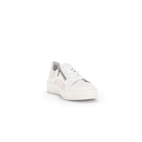 White leather chunky trainer with lace-up front, side zipper detail, beige accents, and a thick textured sole.
