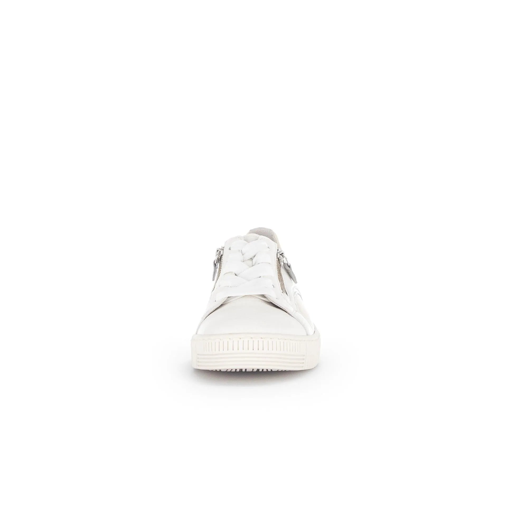 White leather lace-up trainers with side zippers, chunky sole, and metal lace hooks, stylish for ladies.