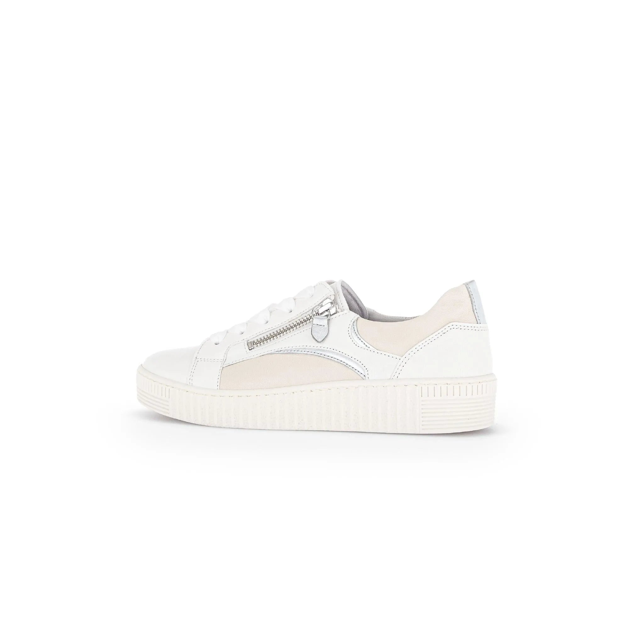 Ladies' Gabor Wemo trainers in latte leather, featuring subtle zip detail, lace-up front, and a textured white sole.
