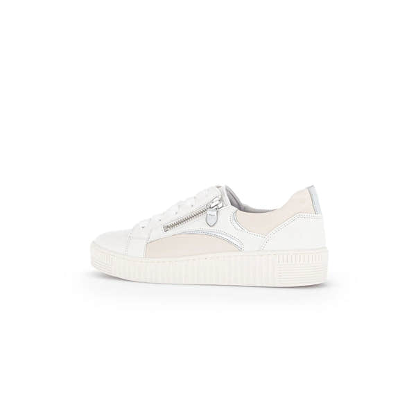 Ladies' Gabor Wemo trainers in latte leather, featuring subtle zip detail, lace-up front, and a textured white sole.