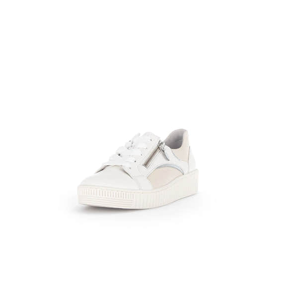Gabor Wemo ladies white latte leather trainers with lace-up front, side zipper, and chunky sole.