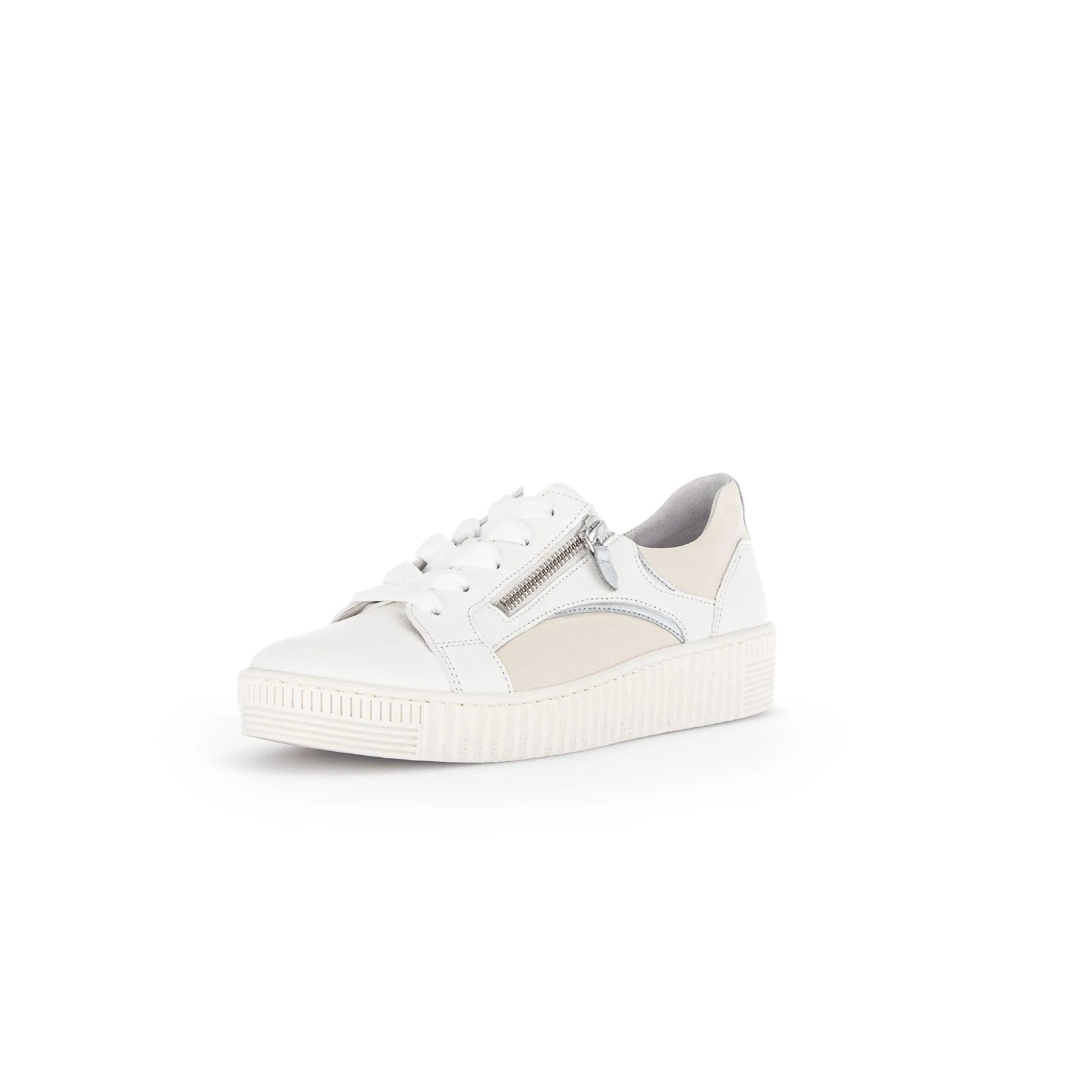 Gabor Wemo ladies white leather sneakers with lace-up, side zipper, and beige accents on a white background.