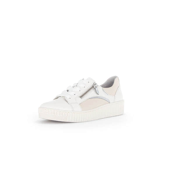 Gabor Wemo ladies white leather sneakers with lace-up, side zipper, and beige accents on a white background.