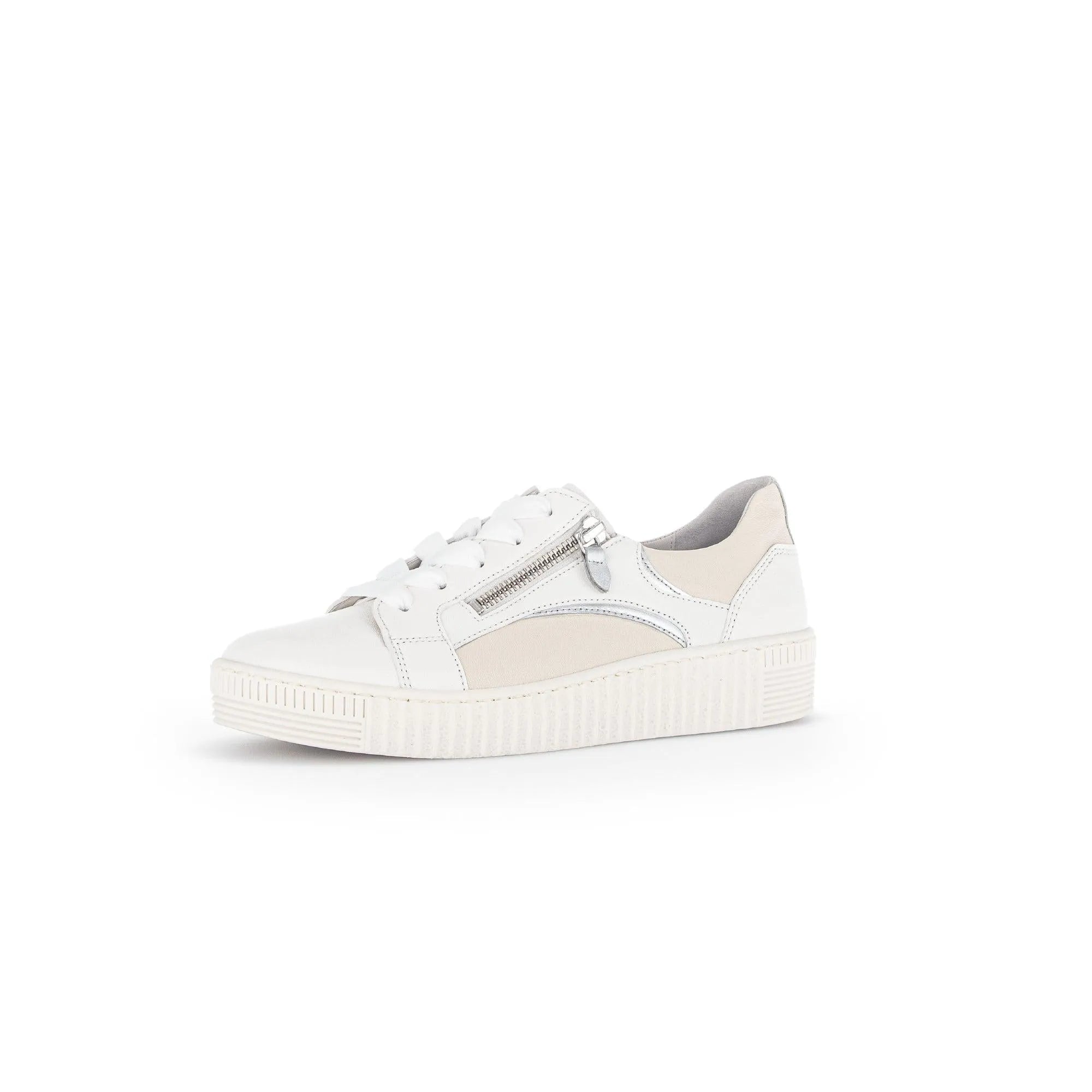 Gabor Wemo ladies trainers with white leather, beige accents, lace-up closure, and a silver zip detail on the side.