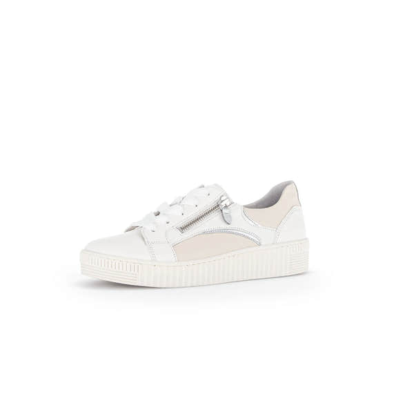 Gabor Wemo ladies trainers with white leather, beige accents, lace-up closure, and a silver zip detail on the side.